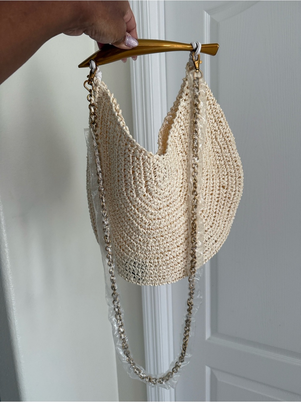 Everything but water Woven Cream Shoulder Bag with Chain Strap